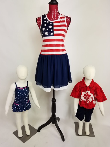 Red white and blue outfits on mannequins from Ohio Valley Goodwill